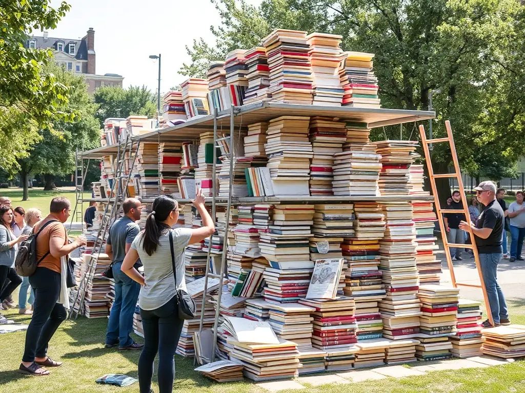 A community project in action, with BOOKS ARE MUTE leading an initiative to create a large-scale public art installation using artists' books, demonstrating the organization's commitment to community engagement.