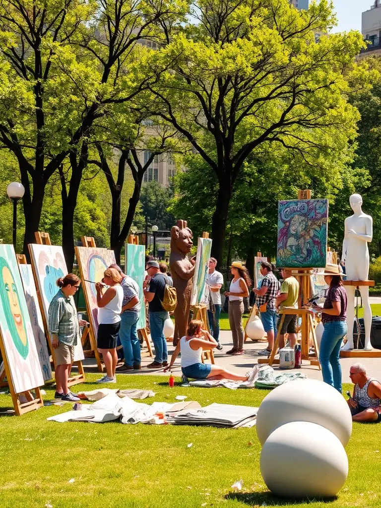 A dynamic image of artists collaborating on a large-scale public art installation, integrating visual art and literature in a community setting.