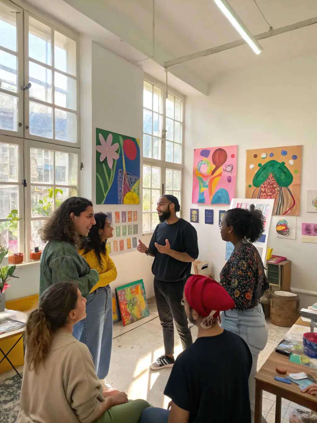 A picture of a collaborative project where artists and community members are working together on a large-scale art installation, incorporating elements of visual art and literature.