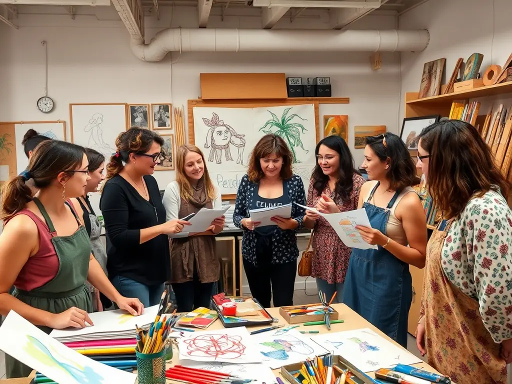 A vibrant image of a collaborative workshop where artists are creating unique artists' books, showcasing the hands-on engagement and creative process involved in the program.