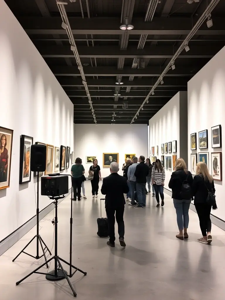 A photograph of a community art exhibition featuring artists' books created by local artists, displayed in a gallery setting with people admiring the artwork.