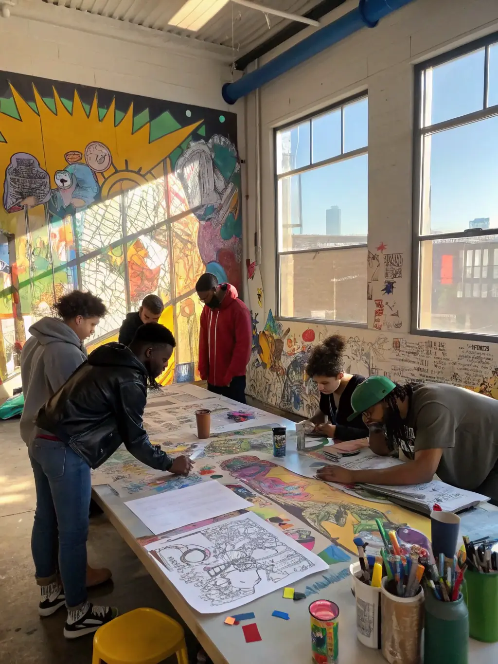 A vibrant image of a group of artists participating in a book-making workshop, surrounded by various art supplies and books, showcasing the hands-on creative process.